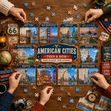 American Cities Then & Now puzzle featuring historic and modern views of nine U.S. cities