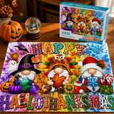 Happy Thanksgiving Halloween Christmas puzzle featuring festive gnomes and seasonal decorations