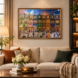 1000 piece jigsaw puzzle, four seasons fantasy town street, colorful storefronts, spring cherry blossoms and winter Christmas scene puzzle for adults
