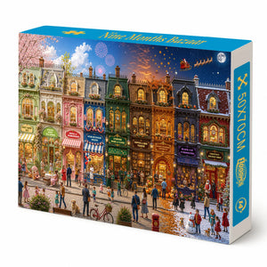 1000 piece jigsaw puzzle, four seasons fantasy town street, colorful storefronts, spring cherry blossoms and winter Christmas scene puzzle for adults
