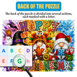 Happy Thanksgiving Halloween Christmas puzzle featuring festive gnomes and seasonal decorations