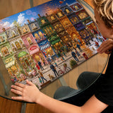 1000 piece jigsaw puzzle, four seasons fantasy town street, colorful storefronts, spring cherry blossoms and winter Christmas scene puzzle for adults
