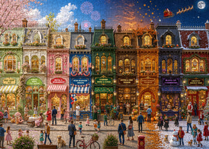 1000 piece jigsaw puzzle, four seasons fantasy town street, colorful storefronts, spring cherry blossoms and winter Christmas scene puzzle for adults
