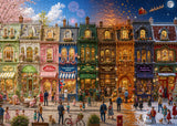 1000 piece jigsaw puzzle, four seasons fantasy town street, colorful storefronts, spring cherry blossoms and winter Christmas scene puzzle for adults
