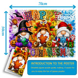 Happy Thanksgiving Halloween Christmas puzzle featuring festive gnomes and seasonal decorations
