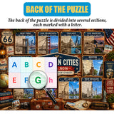 American Cities Then & Now puzzle featuring historic and modern views of nine U.S. cities