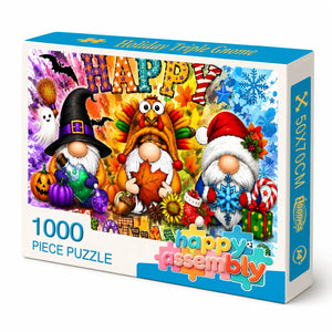 Happy Thanksgiving Halloween Christmas puzzle featuring festive gnomes and seasonal decorations