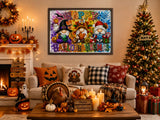 Happy Thanksgiving Halloween Christmas puzzle featuring festive gnomes and seasonal decorations